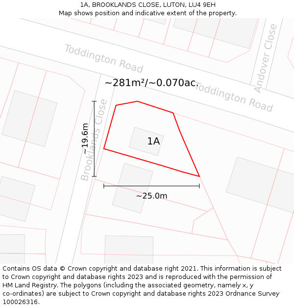 1A, BROOKLANDS CLOSE, LUTON, LU4 9EH: Plot and title map