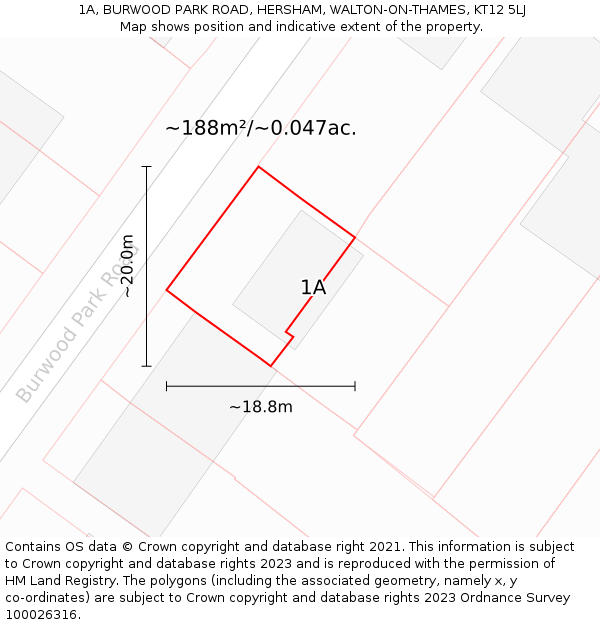 1A, BURWOOD PARK ROAD, HERSHAM, WALTON-ON-THAMES, KT12 5LJ: Plot and title map