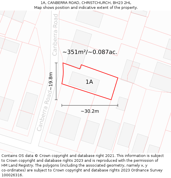 1A, CANBERRA ROAD, CHRISTCHURCH, BH23 2HL: Plot and title map