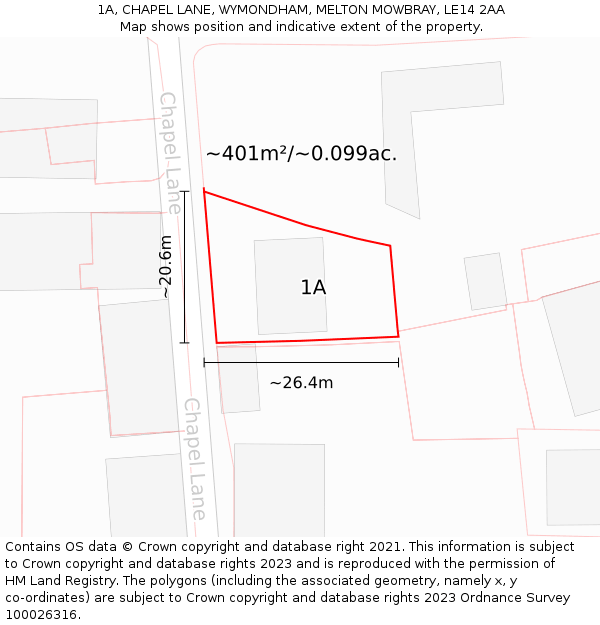 1A, CHAPEL LANE, WYMONDHAM, MELTON MOWBRAY, LE14 2AA: Plot and title map