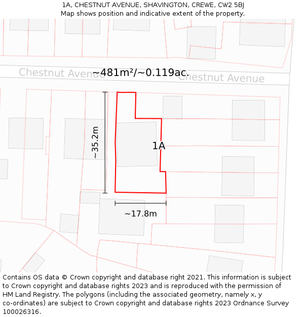 1A, CHESTNUT AVENUE, SHAVINGTON, CREWE, CW2 5BJ: Plot and title map