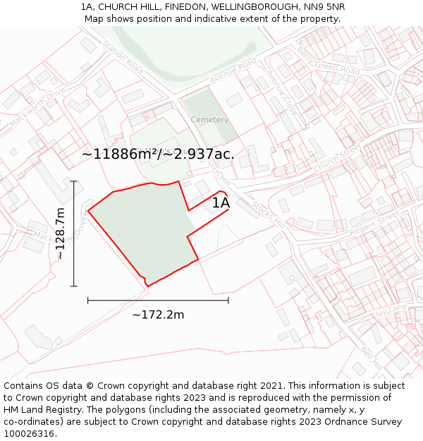 1A, CHURCH HILL, FINEDON, WELLINGBOROUGH, NN9 5NR: Plot and title map