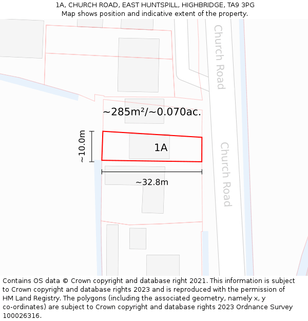 1A, CHURCH ROAD, EAST HUNTSPILL, HIGHBRIDGE, TA9 3PG: Plot and title map