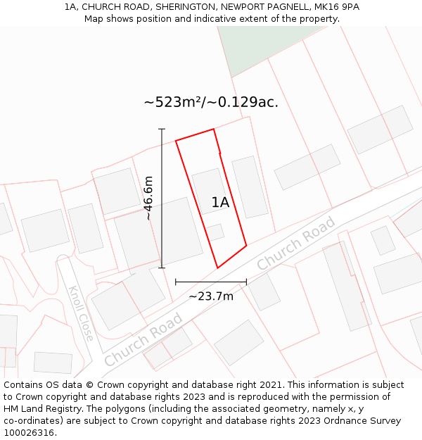 1A, CHURCH ROAD, SHERINGTON, NEWPORT PAGNELL, MK16 9PA: Plot and title map