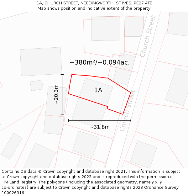 1A, CHURCH STREET, NEEDINGWORTH, ST IVES, PE27 4TB: Plot and title map