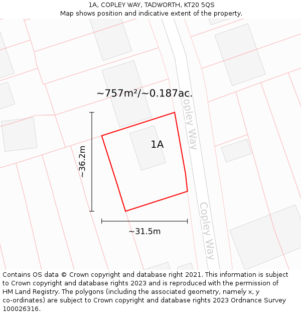 1A, COPLEY WAY, TADWORTH, KT20 5QS: Plot and title map