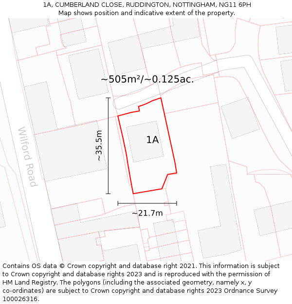 1A, CUMBERLAND CLOSE, RUDDINGTON, NOTTINGHAM, NG11 6PH: Plot and title map