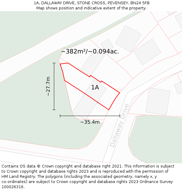 1A, DALLAWAY DRIVE, STONE CROSS, PEVENSEY, BN24 5FB: Plot and title map