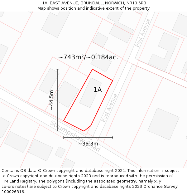 1A, EAST AVENUE, BRUNDALL, NORWICH, NR13 5PB: Plot and title map