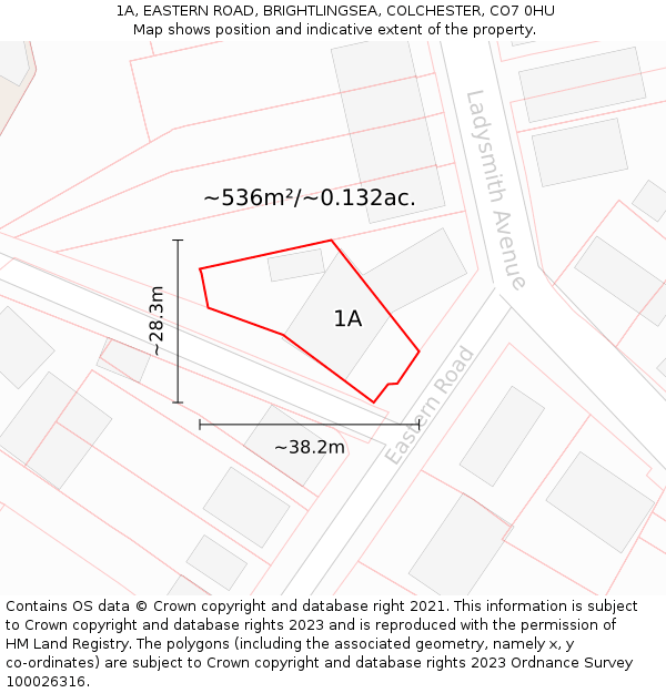 1A, EASTERN ROAD, BRIGHTLINGSEA, COLCHESTER, CO7 0HU: Plot and title map