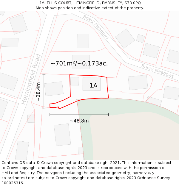 1A, ELLIS COURT, HEMINGFIELD, BARNSLEY, S73 0PQ: Plot and title map