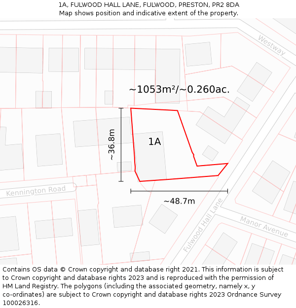 1A, FULWOOD HALL LANE, FULWOOD, PRESTON, PR2 8DA: Plot and title map