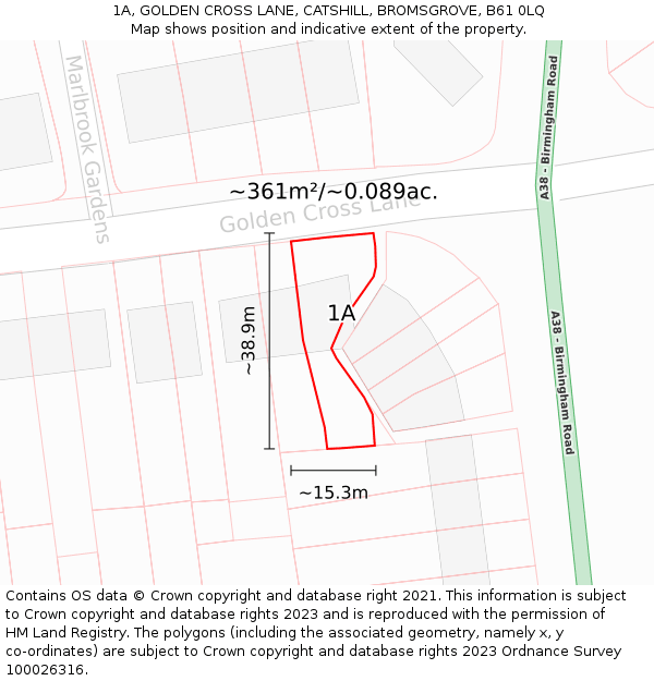 1A, GOLDEN CROSS LANE, CATSHILL, BROMSGROVE, B61 0LQ: Plot and title map