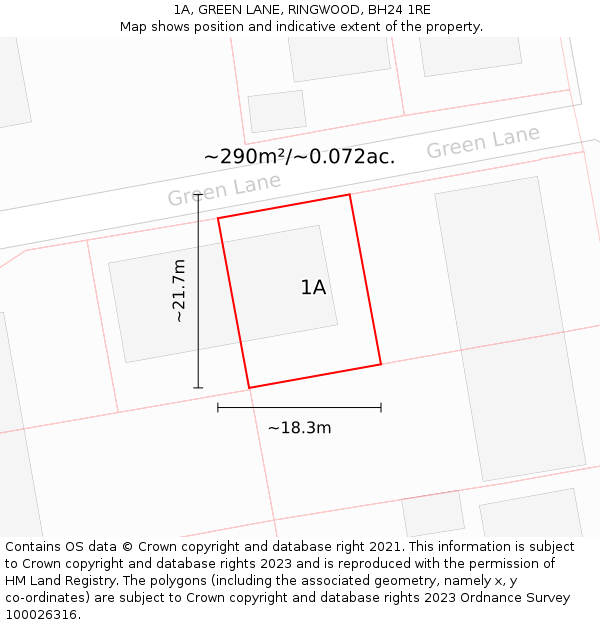 1A, GREEN LANE, RINGWOOD, BH24 1RE: Plot and title map