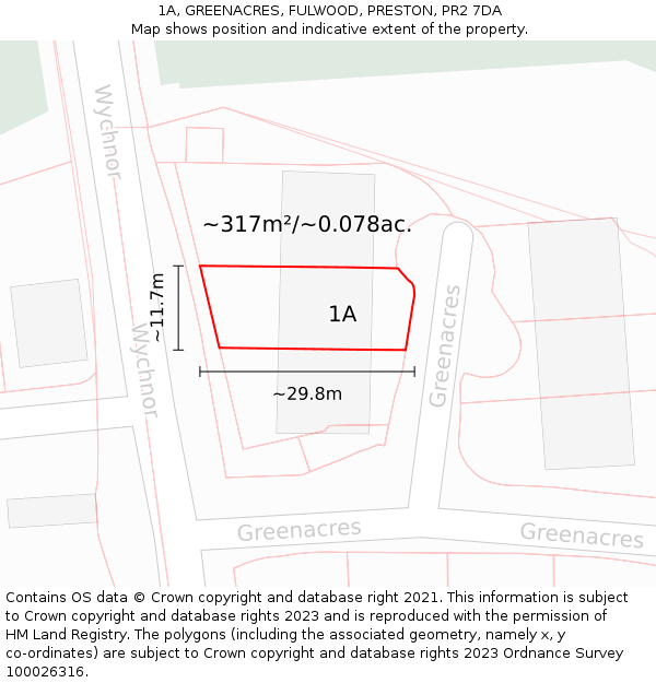 1A, GREENACRES, FULWOOD, PRESTON, PR2 7DA: Plot and title map