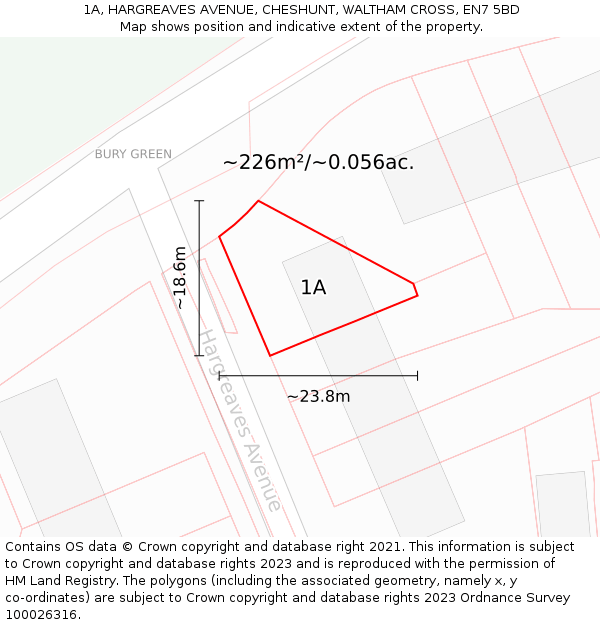 1A, HARGREAVES AVENUE, CHESHUNT, WALTHAM CROSS, EN7 5BD: Plot and title map