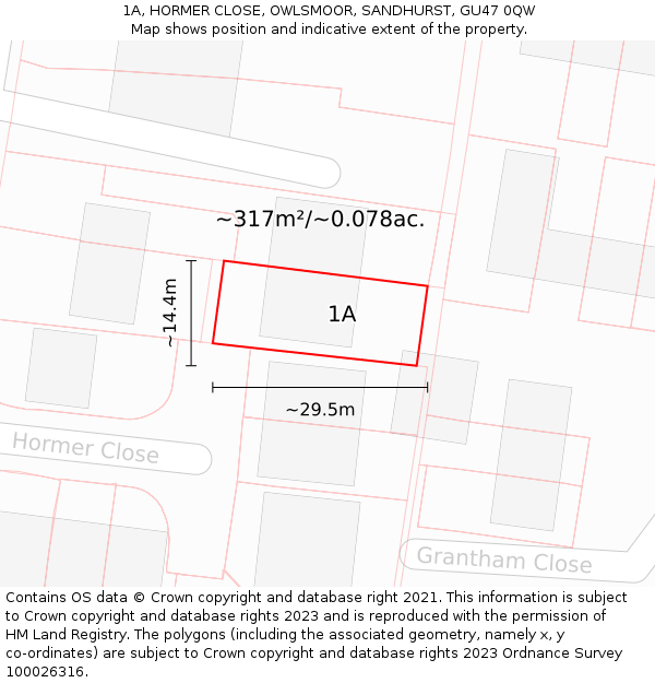 1A, HORMER CLOSE, OWLSMOOR, SANDHURST, GU47 0QW: Plot and title map