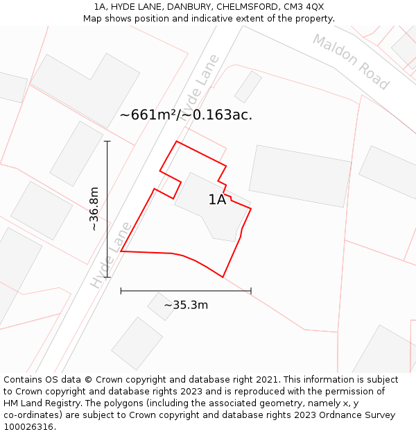 1A, HYDE LANE, DANBURY, CHELMSFORD, CM3 4QX: Plot and title map