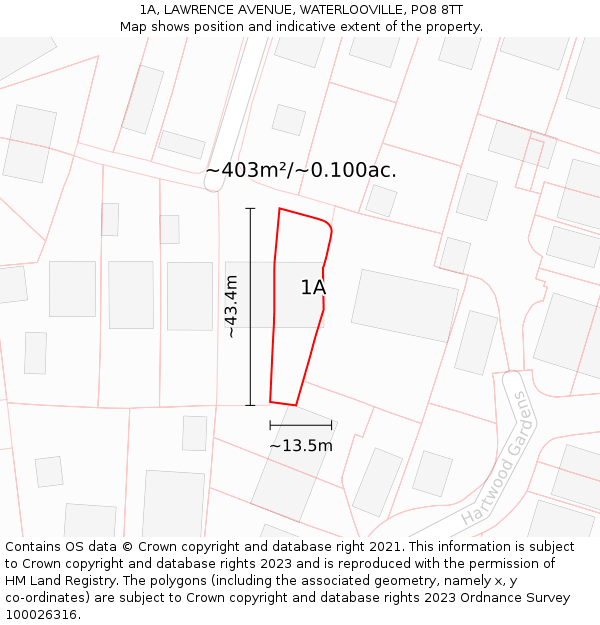 1A, LAWRENCE AVENUE, WATERLOOVILLE, PO8 8TT: Plot and title map