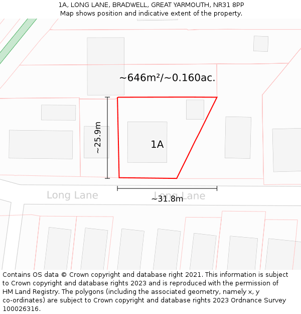 1A, LONG LANE, BRADWELL, GREAT YARMOUTH, NR31 8PP: Plot and title map