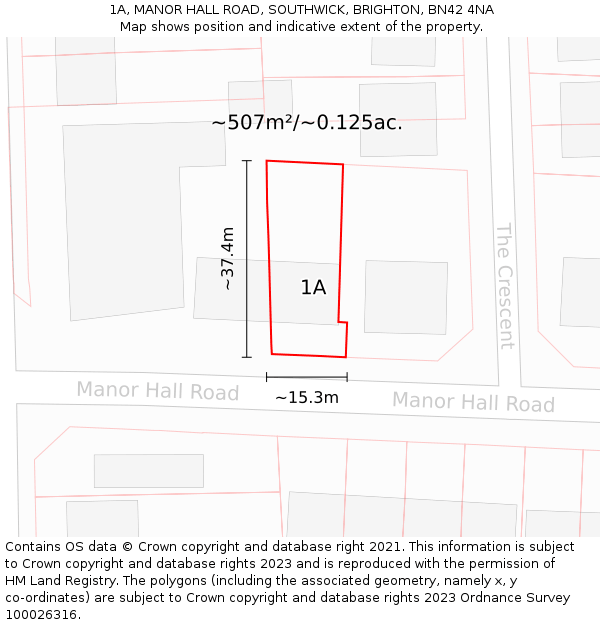 1A, MANOR HALL ROAD, SOUTHWICK, BRIGHTON, BN42 4NA: Plot and title map