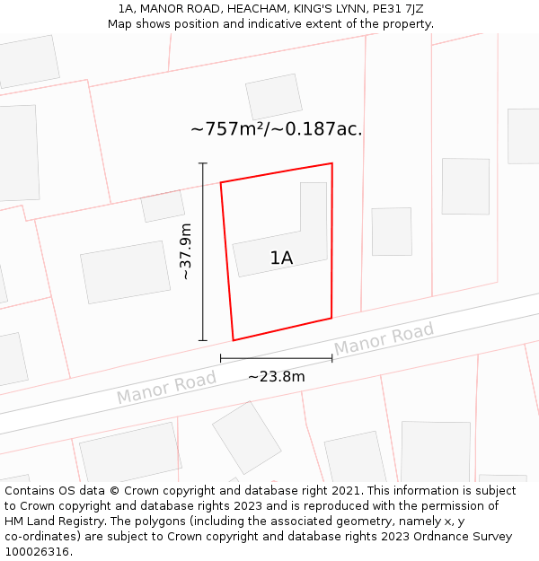 1A, MANOR ROAD, HEACHAM, KING'S LYNN, PE31 7JZ: Plot and title map