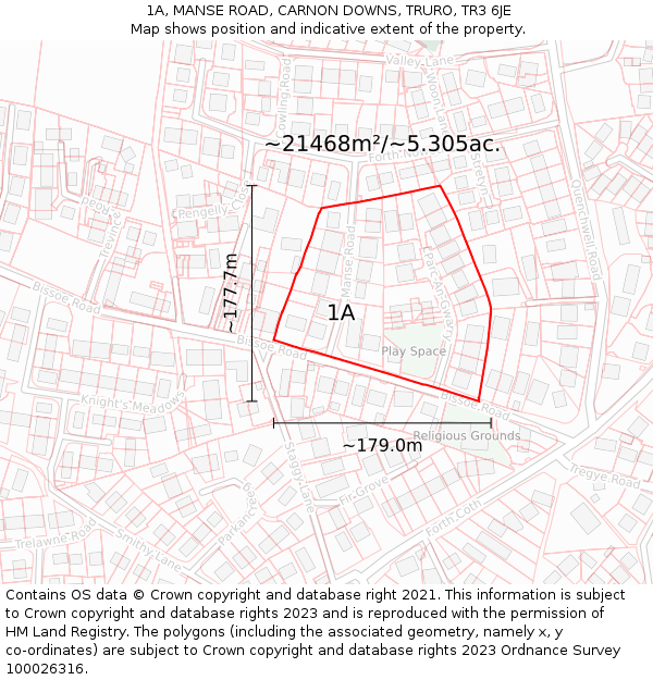 1A, MANSE ROAD, CARNON DOWNS, TRURO, TR3 6JE: Plot and title map