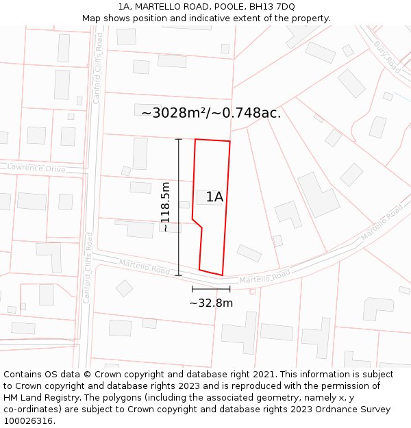 1A, MARTELLO ROAD, POOLE, BH13 7DQ: Plot and title map