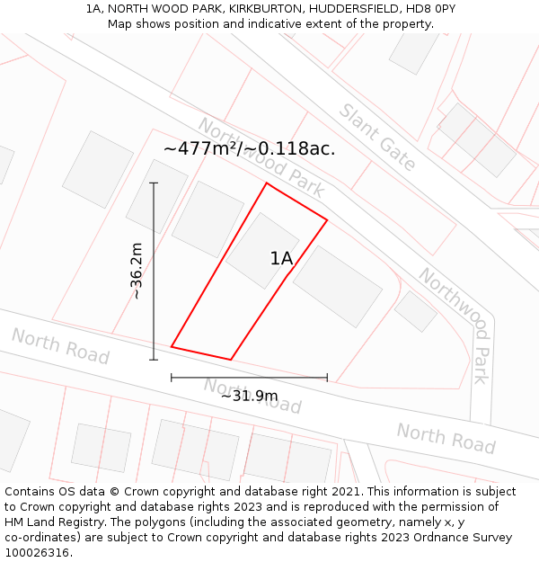 1A, NORTH WOOD PARK, KIRKBURTON, HUDDERSFIELD, HD8 0PY: Plot and title map