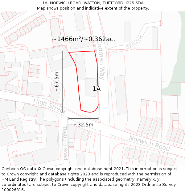 1A, NORWICH ROAD, WATTON, THETFORD, IP25 6DA: Plot and title map