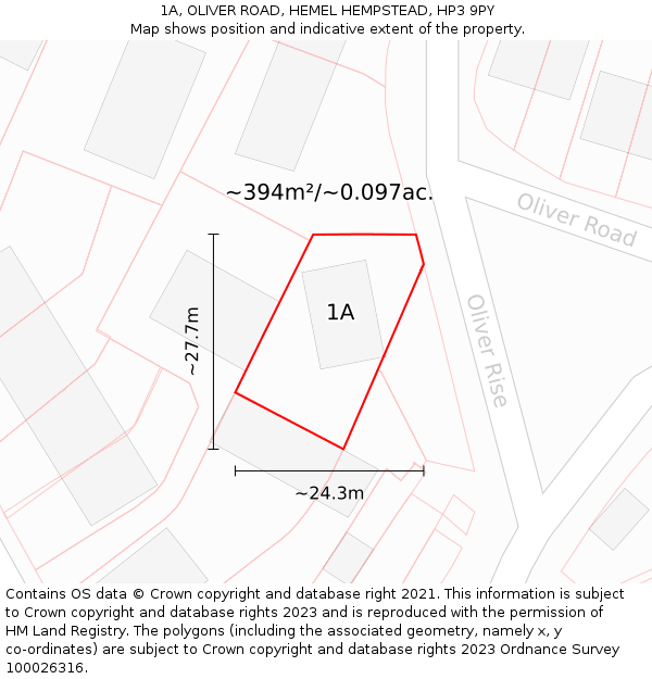 1A, OLIVER ROAD, HEMEL HEMPSTEAD, HP3 9PY: Plot and title map