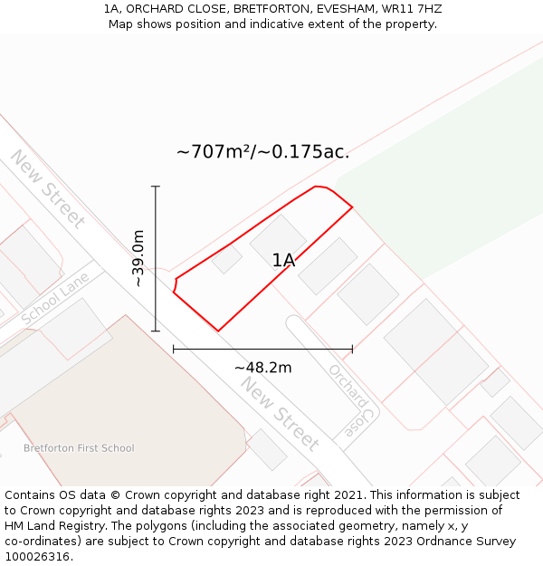 1A, ORCHARD CLOSE, BRETFORTON, EVESHAM, WR11 7HZ: Plot and title map