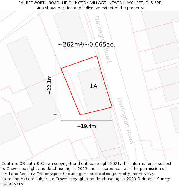 1A, REDWORTH ROAD, HEIGHINGTON VILLAGE, NEWTON AYCLIFFE, DL5 6PR: Plot and title map