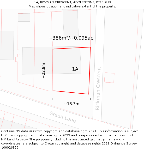 1A, RICKMAN CRESCENT, ADDLESTONE, KT15 2UB: Plot and title map