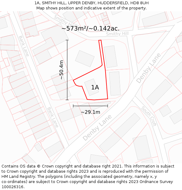 1A, SMITHY HILL, UPPER DENBY, HUDDERSFIELD, HD8 8UH: Plot and title map