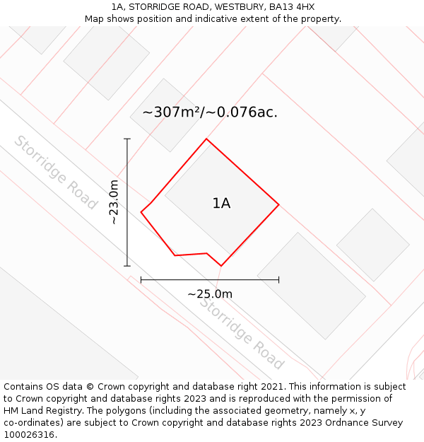 1A, STORRIDGE ROAD, WESTBURY, BA13 4HX: Plot and title map