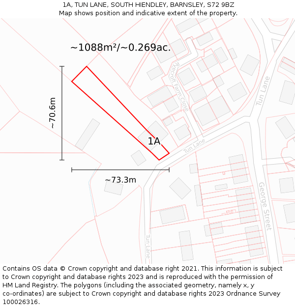 1A, TUN LANE, SOUTH HIENDLEY, BARNSLEY, S72 9BZ: Plot and title map