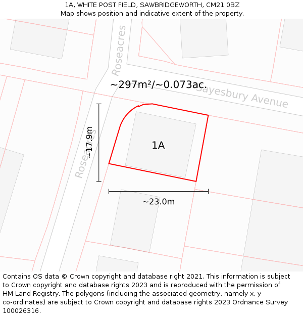 1A, WHITE POST FIELD, SAWBRIDGEWORTH, CM21 0BZ: Plot and title map