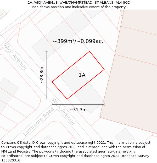 1A, WICK AVENUE, WHEATHAMPSTEAD, ST ALBANS, AL4 8QD: Plot and title map