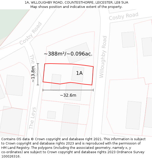 1A, WILLOUGHBY ROAD, COUNTESTHORPE, LEICESTER, LE8 5UA: Plot and title map