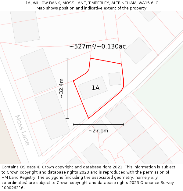 1A, WILLOW BANK, MOSS LANE, TIMPERLEY, ALTRINCHAM, WA15 6LG: Plot and title map