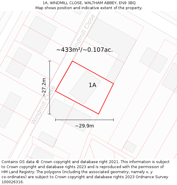 1A, WINDMILL CLOSE, WALTHAM ABBEY, EN9 3BQ: Plot and title map
