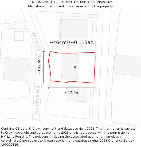 1A, WINDMILL HILL, BIDDENHAM, BEDFORD, MK40 4AG: Plot and title map