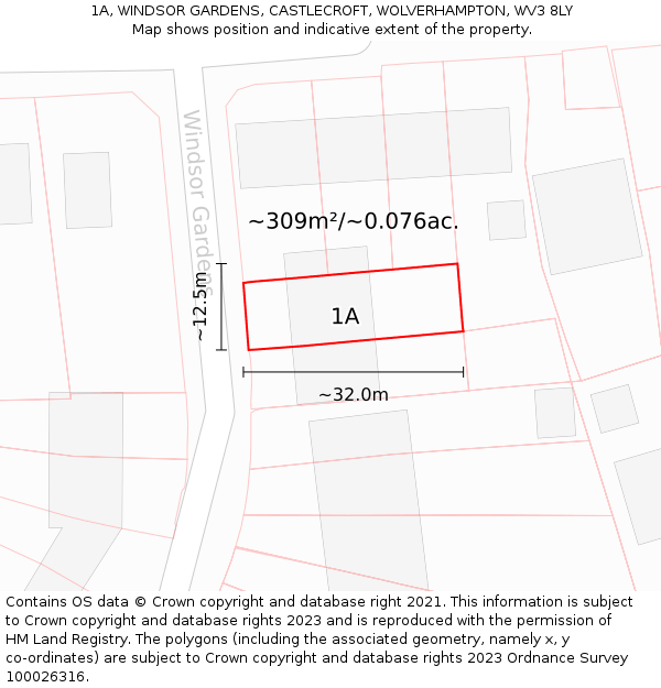 1A, WINDSOR GARDENS, CASTLECROFT, WOLVERHAMPTON, WV3 8LY: Plot and title map