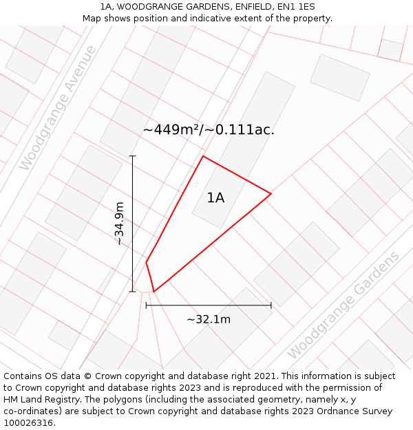 1A, WOODGRANGE GARDENS, ENFIELD, EN1 1ES: Plot and title map