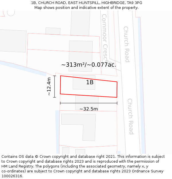 1B, CHURCH ROAD, EAST HUNTSPILL, HIGHBRIDGE, TA9 3PG: Plot and title map