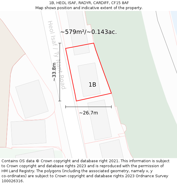 1B, HEOL ISAF, RADYR, CARDIFF, CF15 8AF: Plot and title map