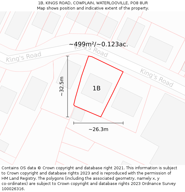 1B, KINGS ROAD, COWPLAIN, WATERLOOVILLE, PO8 8UR: Plot and title map