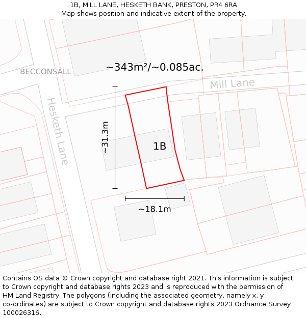 1B, MILL LANE, HESKETH BANK, PRESTON, PR4 6RA: Plot and title map