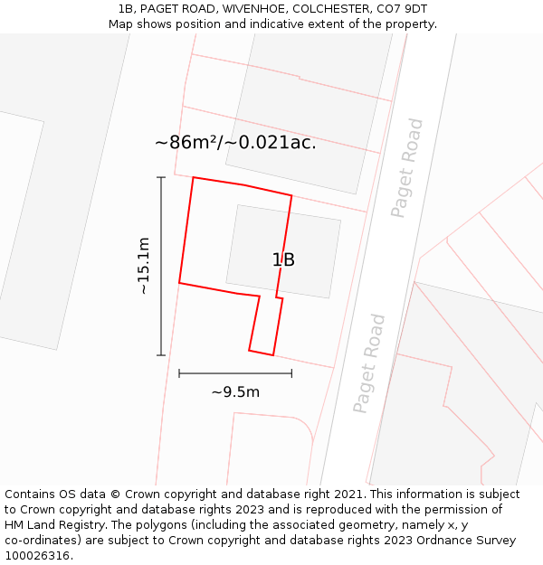 1B, PAGET ROAD, WIVENHOE, COLCHESTER, CO7 9DT: Plot and title map